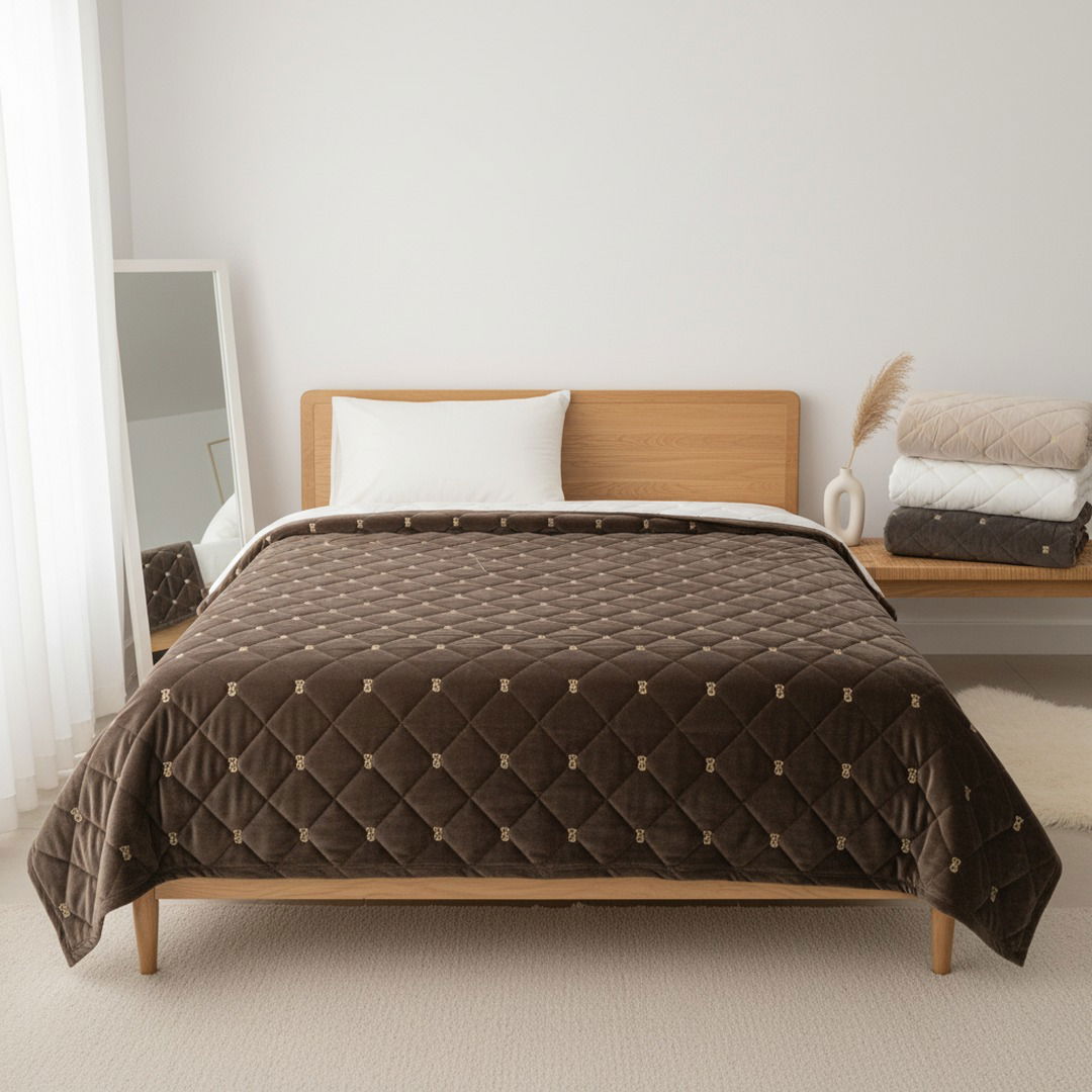 Покривало велюрове декоративне стьобане Koloco 210x230 см темно-коричневе 